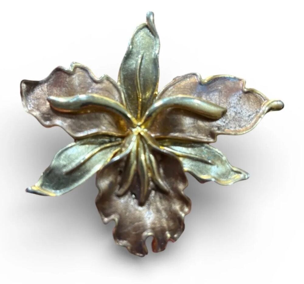 Vintage Two Tone Orchid Flower Brooch Gold Silver Tone Floral